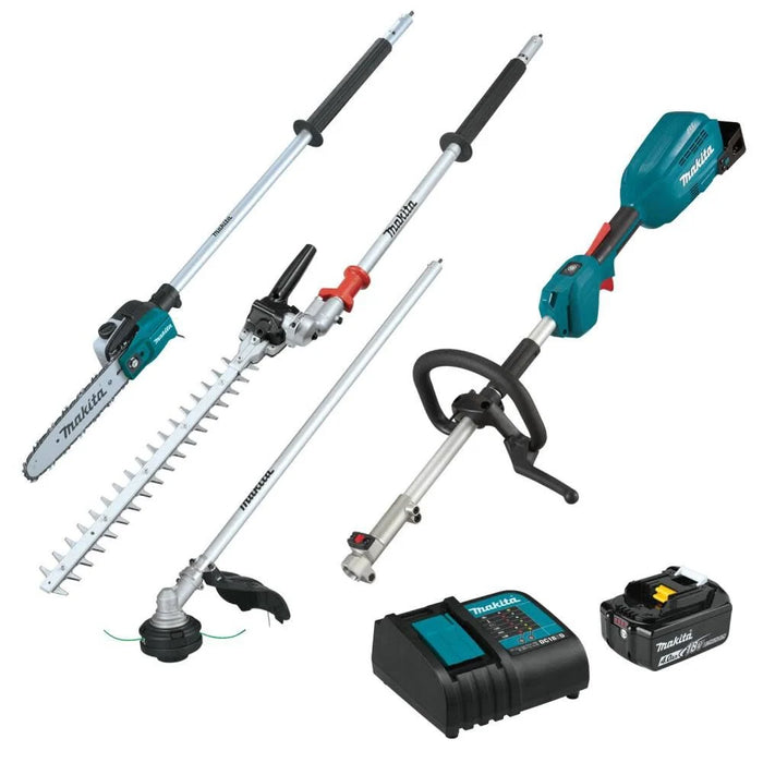 Makita 18V LXT (XUX02SM1X5) Brushless Couple Shaft Power Head Kit with String Trimmer, Pole Saw & Articulating Hedge Trimmer Attachments (4.0Ah)