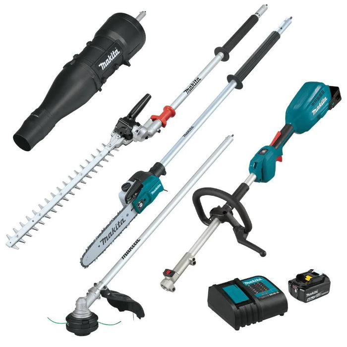 Makita 18V LXT (XUX02SM1X6) Brushless Couple Shaft Power Head Kit with String Trimmer, Pole Saw, Art. Hedge Trimmer & Blower Attachments (4.0Ah)