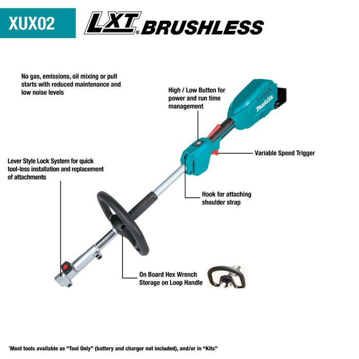 Makita (XUX02SM1X3) 18V LXT Lithium-Ion Brushless Cordless Couple Shaft Power Head Kit w/ 13" String Trimmer & Blower Attachments (4.0Ah)