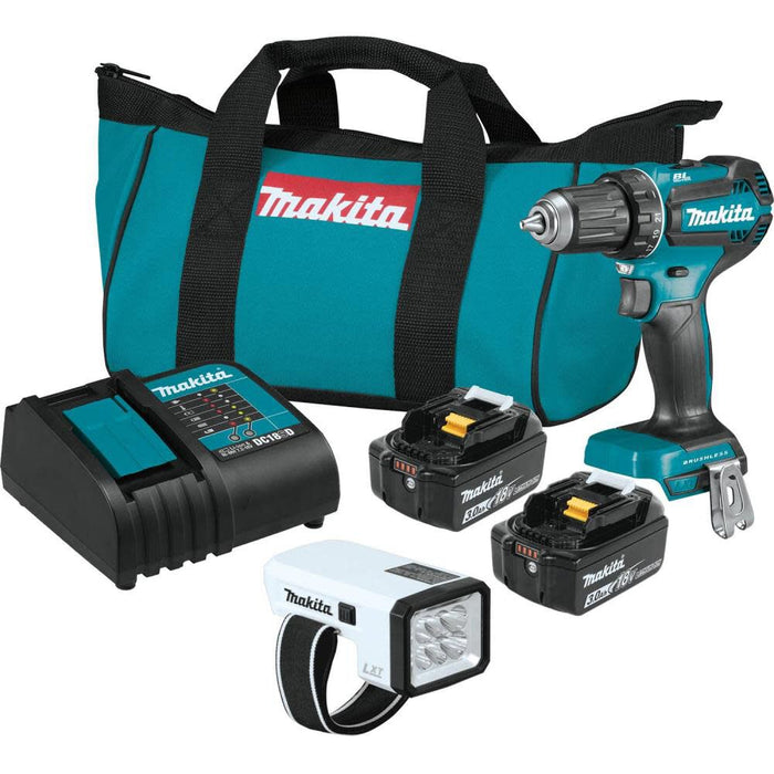 Makita 18V LXT (XFD131X2) Lithium-Ion Brushless Cordless 1/2 Inch Driver-Drill 3 Ah Kit with L.E.D Flashlight and 2 Batteries