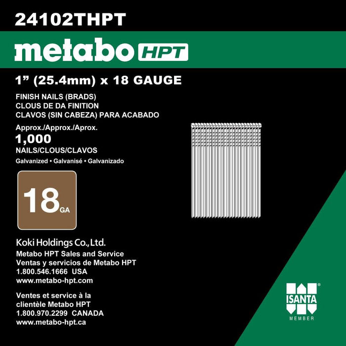 Metabo HPT Brad Nails | 1 In. x 18 Gauge | Electro Galvanized | 1,000 Count