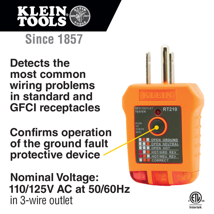 Klein Tools RT210 Outlet Tester, Receptacle Tester for GFCI / Standard North American AC Electrical Outlets, Detects Common Wiring Problems