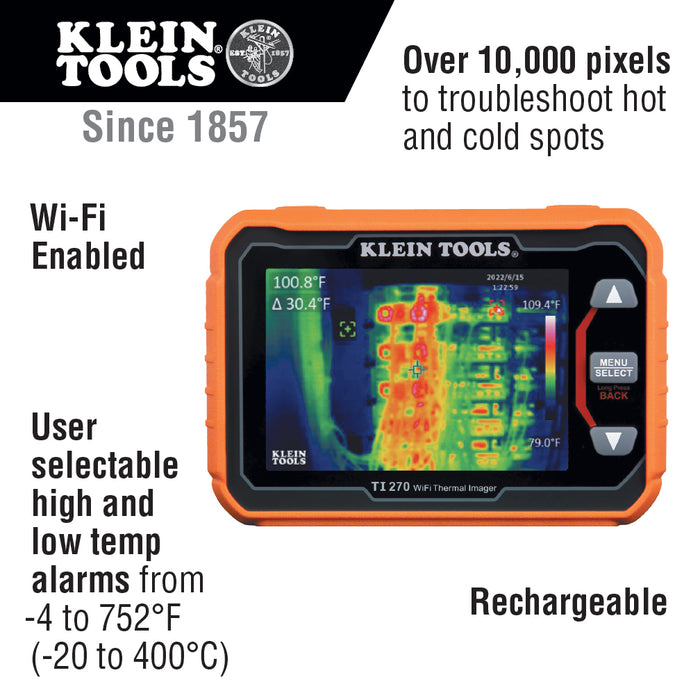 Klein Tools TI270 Rechargeable Thermal Imaging Camera, Over 10000 Pixels, Wi-Fi Data Transfer, 3 Palettes, High / Low Temperature Points