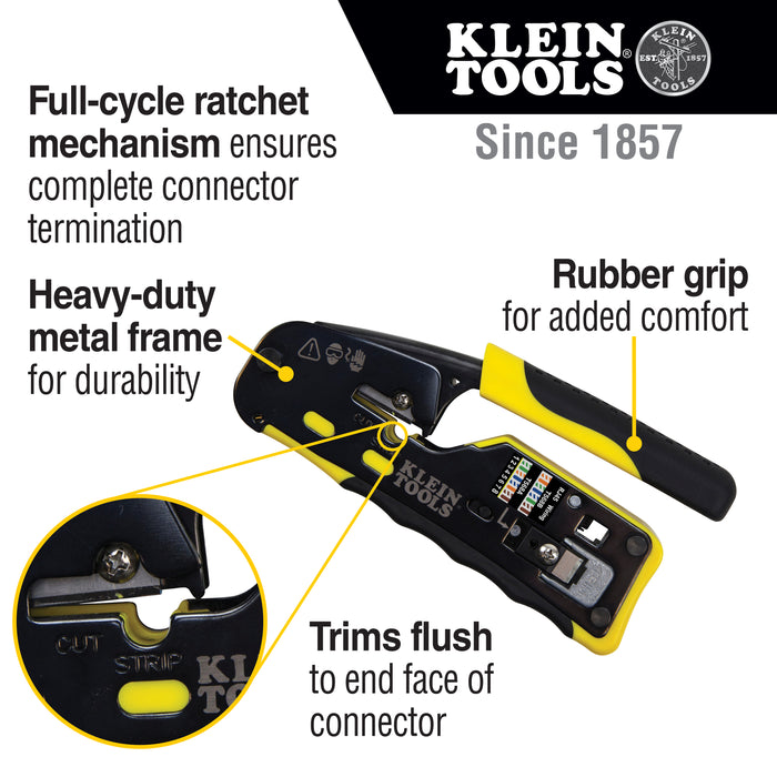 Klein Tools VDV226-110 Ratcheting Modular Data Cable Crimper / Wire Stripper / Wire Cutter for RJ11/RJ12 Standard, RJ45 Pass-Thru Connectors