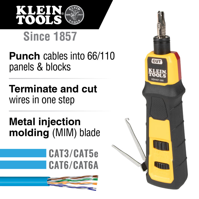 Klein Tools VDV427-300 Impact Punchdown Tool with 66/110 Blade, Reliable CAT Cable Connections, Adjustable Force, Includes Pick and Spudger