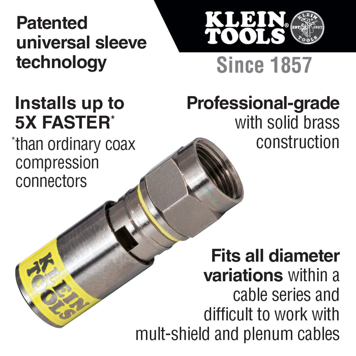 Klein Tools VDV812-612 Universal Compression F Connectors RG6/6Q Coax, Universal Sleeve Technology, Professional Grade, 50-Pack