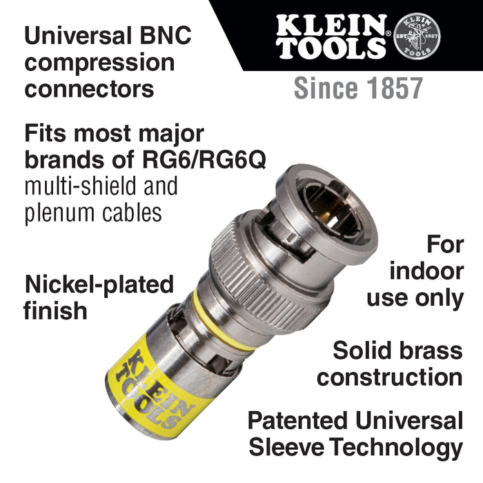 Klein Tools VDV813-607 Universal BNC Compression Coax Connector, for RG6/6Q Coaxial Cables, Male, 10-Pack