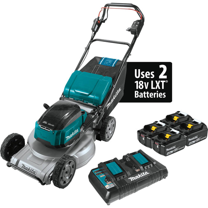 Makita 18V LXT Brushless 21" Self-Propelled Commercial Lawn Mower Kit, 4 ea. BL1850B battery, dual port charger (5.0Ah)