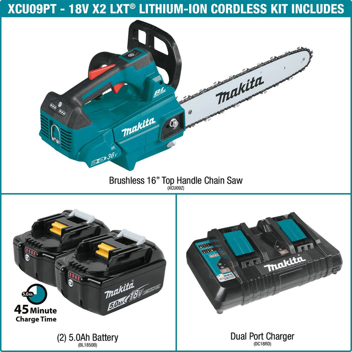 Makita 18V LXT Brushless 16" Top Handle Chain Saw Kit, dual port charger (5.0Ah)