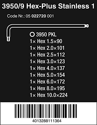 Wera Tools Hex-Plus Stainless Key Set 3950 PKL/9 High Torque with Ball-end, Metric Long 1.5 mm-10 mm, 9-Piece