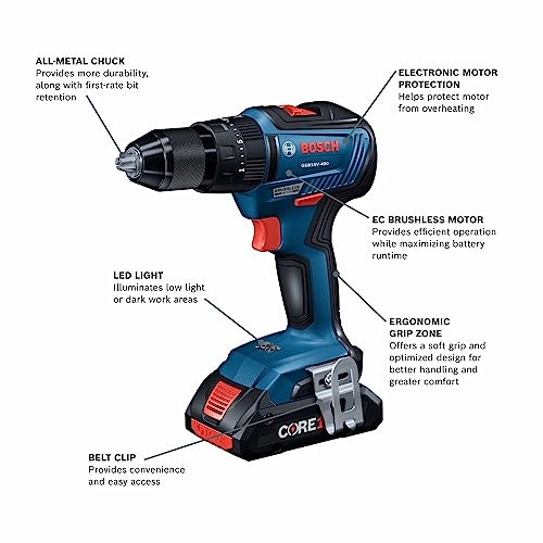 Bosch 18V 4-Tool Combo Kit with 2-In-1 1/4 In. and 1/2 In. Bit/Socket Impact Driver, 1/2 In. Hammer Drill/Driver, Circular Saw, Worklight with (1) CORE18V 4 Ah Battery & (1) 2 Ah Battery