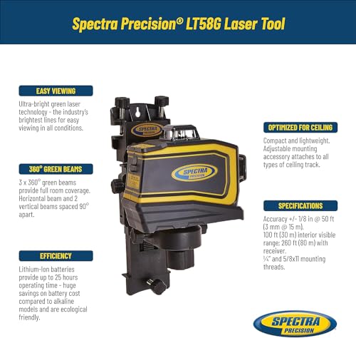 Spectra Precision Green Laser Level Tool, 3 x 360°, Ultra Bright Technology, Laser Class 2 <1mW, Best for Ceiling Work