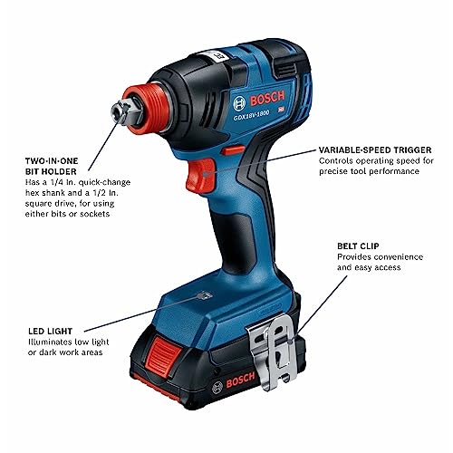 Bosch 18V 4-Tool Combo Kit with 2-In-1 1/4 In. and 1/2 In. Bit/Socket Impact Driver, 1/2 In. Hammer Drill/Driver, Circular Saw, Worklight with (1) CORE18V 4 Ah Battery & (1) 2 Ah Battery