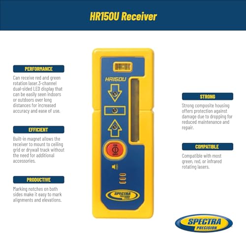 Spectra Precision Laser Receiver for Interior Leveling with red or green beam rotating lasers. Dual Sided LED Display, Magnetic Mount, Includes Rod Clamp and Alkaline Batteries