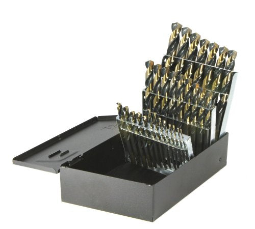 Drillco 350N Series Nitro 29 Piece High-Speed Steel Mechanics Length Drill Bit Set, Black and Gold Oxide Finish, Round with Flats Shank, Spiral Flute, 135 Degrees Split Point, 1/16" - 1/2" in 1/64" increments