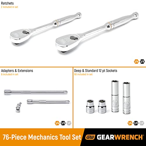 GEARWRENCH 76-Piece 1/4" & 3/8" Drive 12 Pt. Standard & Deep Mechanics SAE/Metric Tool Set