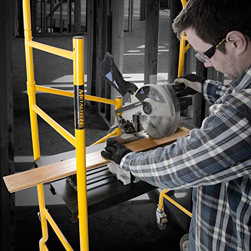 MetalTech Jobsite Series 4 Foot Tall Heavy Duty Portable Adjustable Mobile Scaffolding Platform and Ladder with Locking Wheels, Yellow