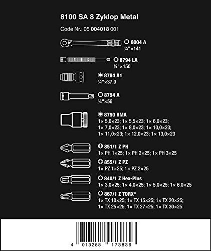 Wera 05004018001 8100 SA 8 Zyklop Metal Ratchet Set with switch lever, 1/4" drive, metric 28 pieces