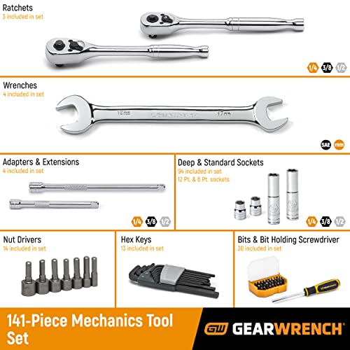 GEARWRENCH 141-Piece Mechanics Tool Set - 1/4", 3/8", and 1/2" Drive, 6 & 12-Point, Standard & Deep, SAE/Metric