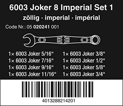 Wera Tools Joker 8 Imperial Set 1 Combination Wrench Set, Imperial, 8 Pieces