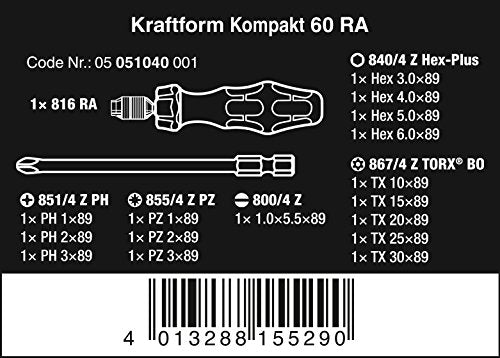 Wera Tools Kompakt 60 Ratchet screwdriver & Bit Set, 17pc,