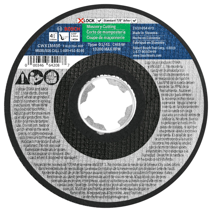 Bosch (CWX1M450) 4-1/2 In. x 1/16 In. X-LOCK Arbor Type 1A (ISO 41) 24 Grit Masonry Cutting Abrasive Wheel